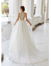 V Neck Beaded Ivory Lace Tulle Sheer Back Princess Wedding Dress